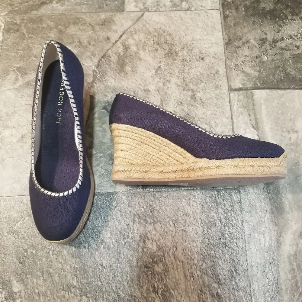 Jack Rogers Palmer Jute-wrapped Wedge Espadrille Midnight Blue Vaca‎ Beach 9.5
